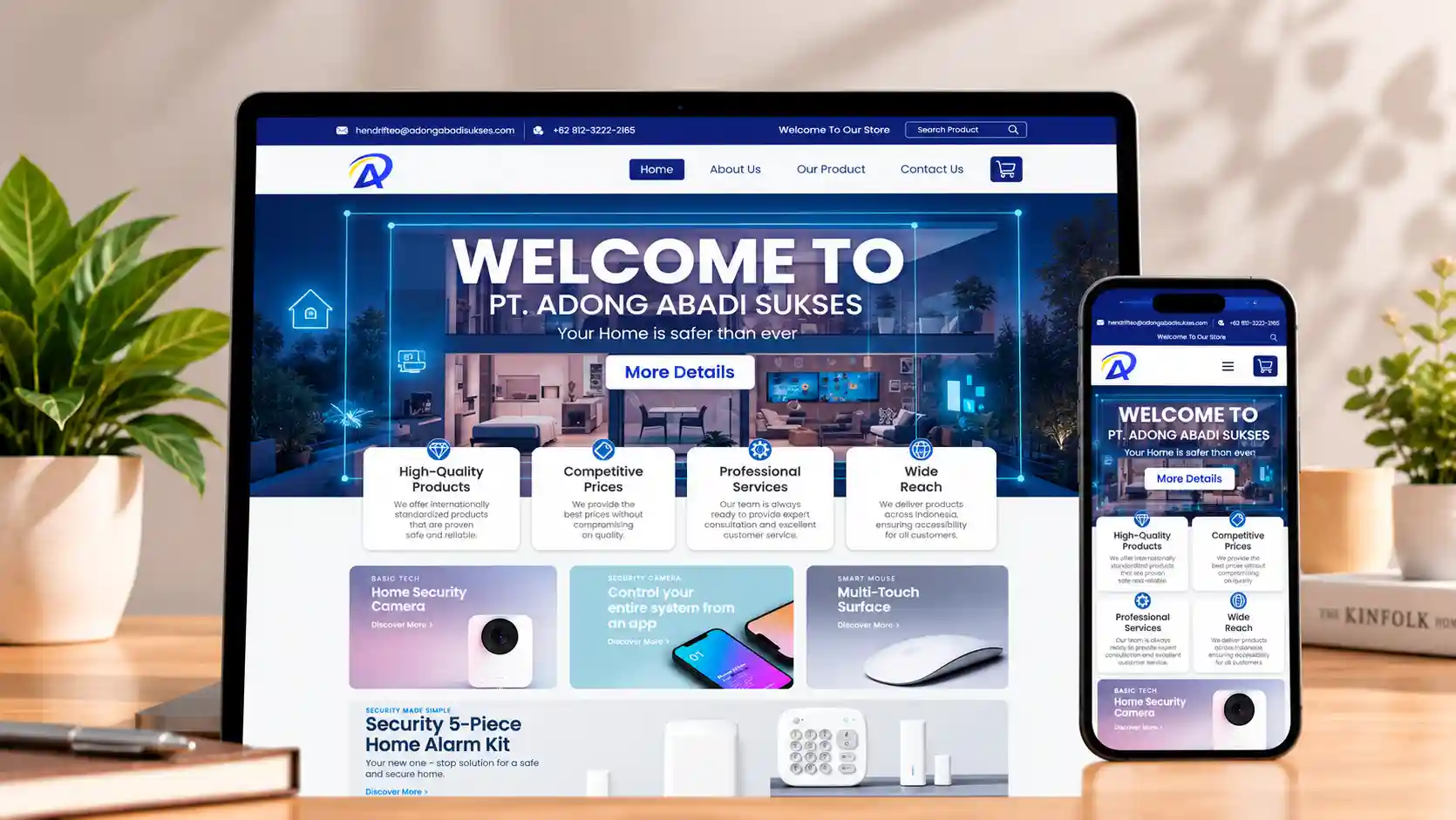 Tampilan landing page bisnis interior dan dekorasi pada desktop dan mobile